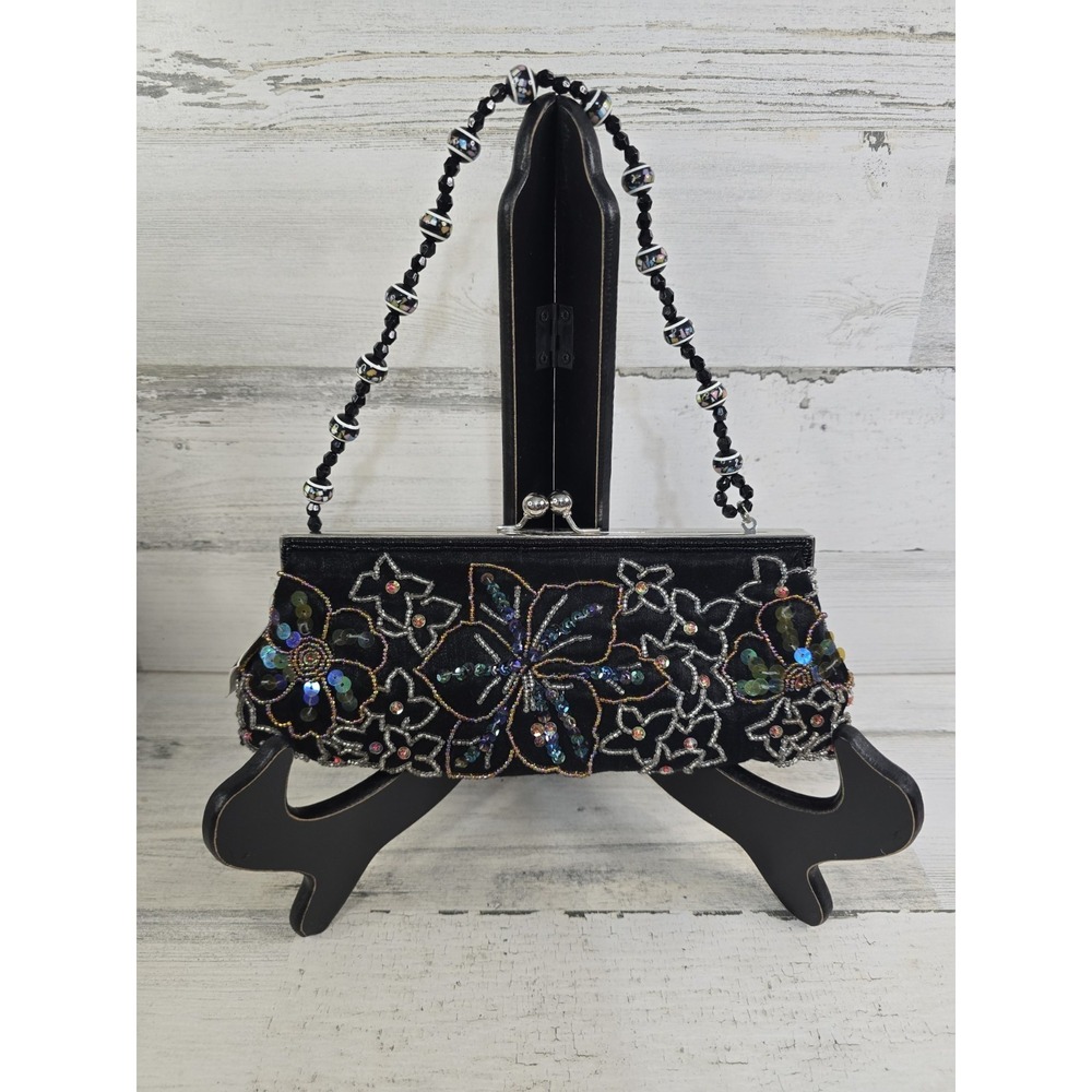d'margeaux Black Beaded Floral Evening Clutch Bag Kiss Lock Beaded Strap NWT